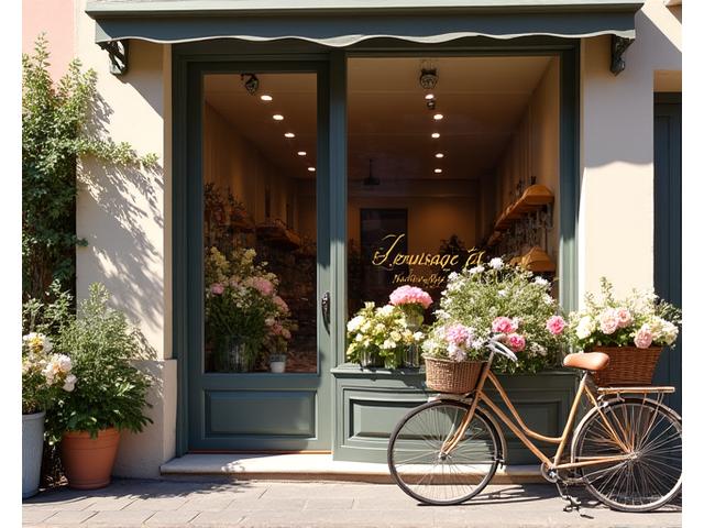 Façade élégante d'une boutique de fleurs en pierre ancienne avec une vitrine remplie de bouquets colorés, des vélos fleuris à l'entrée, soulignant l'établissement de Fleurisage Éclat.