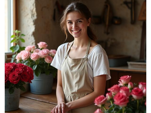 Photographie ancienne en sépia d'une femme souriante, entourée de fleurs coupées dans un modeste atelier, évoquant les débuts de Fleurisage Éclat.