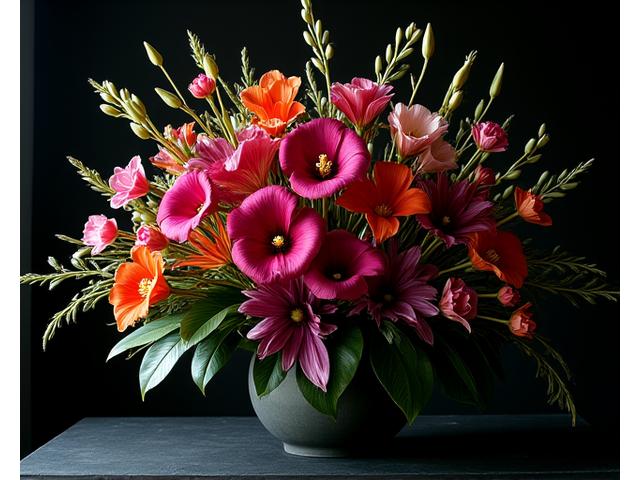 Une œuvre florale audacieuse et artistique, reflétant le style personnel d'un fleuriste expert, avec des textures et des formes innovantes.