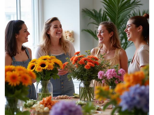 Un groupe d'amis riant ensemble en arrangant des fleurs lors d'un atelier team-building, symbolisant le partage et la convivialité.