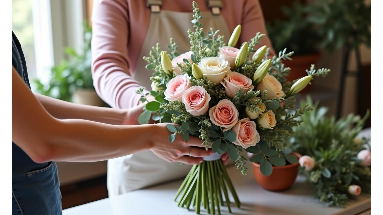 Une main d'expert fleuriste guidant un élève dans la composition d'un bouquet raffiné lors d'un atelier floral à Lyon.