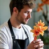 Portrait d'Antoine Lefèvre, Maître Fleuriste et expert en design floral contemporain, concentré sur une orchidée.