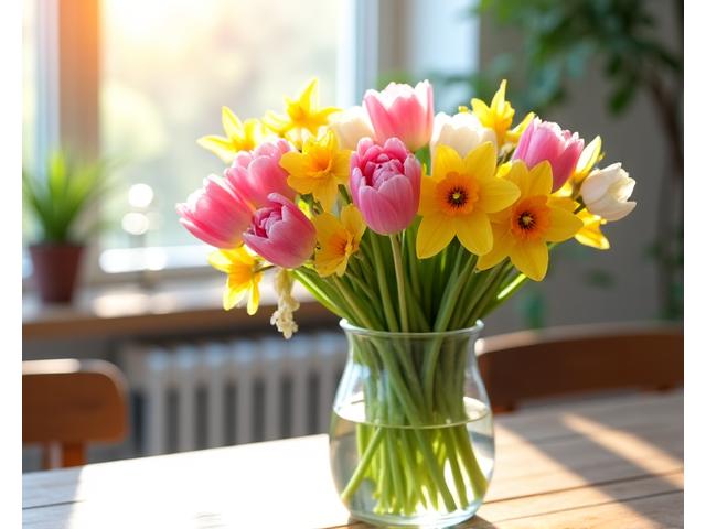 Un bouquet éclatant de fleurs de printemps, comme des tulipes et des narcisses, disposé dans un atelier lumineux.