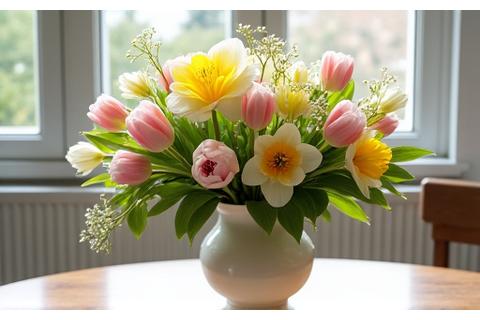 Bouquet printanier vibrant avec tulipes, narcisses et jacinthes