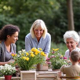 Groupe de personnes souriantes lors d'un atelier floral, apprenant sur les fleurs durables