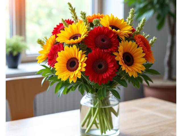 Bouquet d'anniversaire vibrant avec tournesols et dahlias