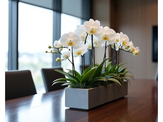 Grand arrangement floral pour un événement corporatif avec des orchidées