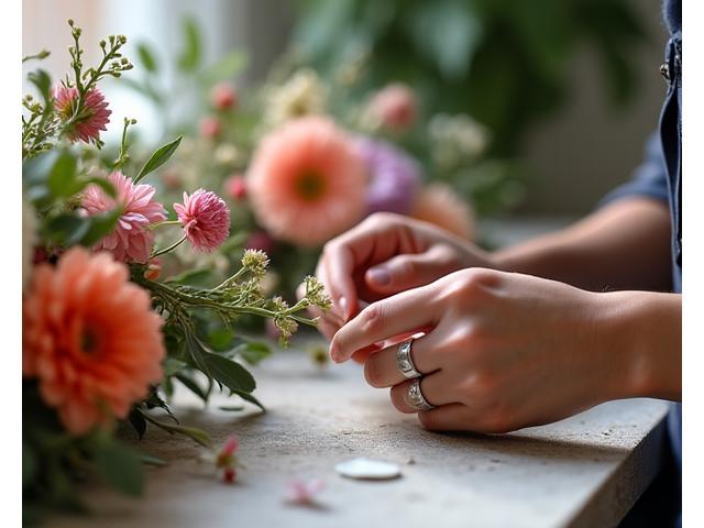 Artiste fleuriste composant un bouquet personnalisé avec des fleurs variées