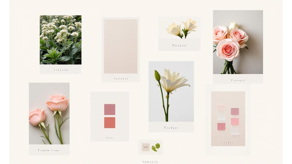 Prévisualisation d'un mood board floral personnalisé avec des éléments de couleurs, textures et exemples de fleurs comme des roses et du feuillage.