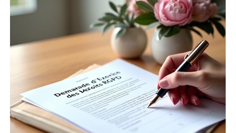 Photo d'une main tenant un stylo, avec un document symbolisant un formulaire GDPR de demande de droits sur une élégante surface en bois. Palette de couleurs douces.